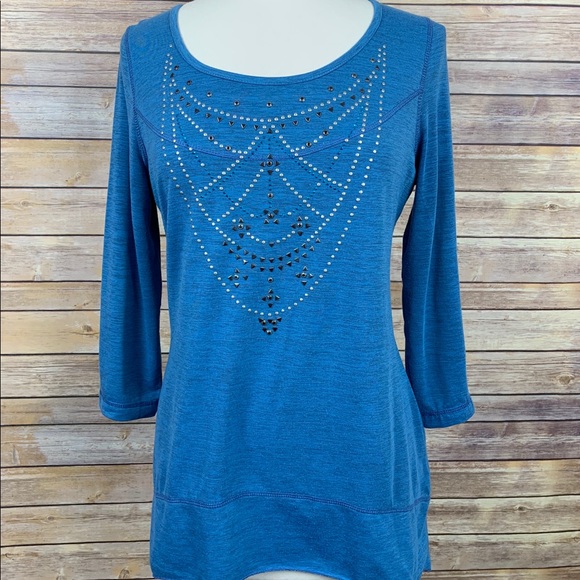 ONE WORLD Tops - One World Asymmetrical Hem Blue Embellished Tee
